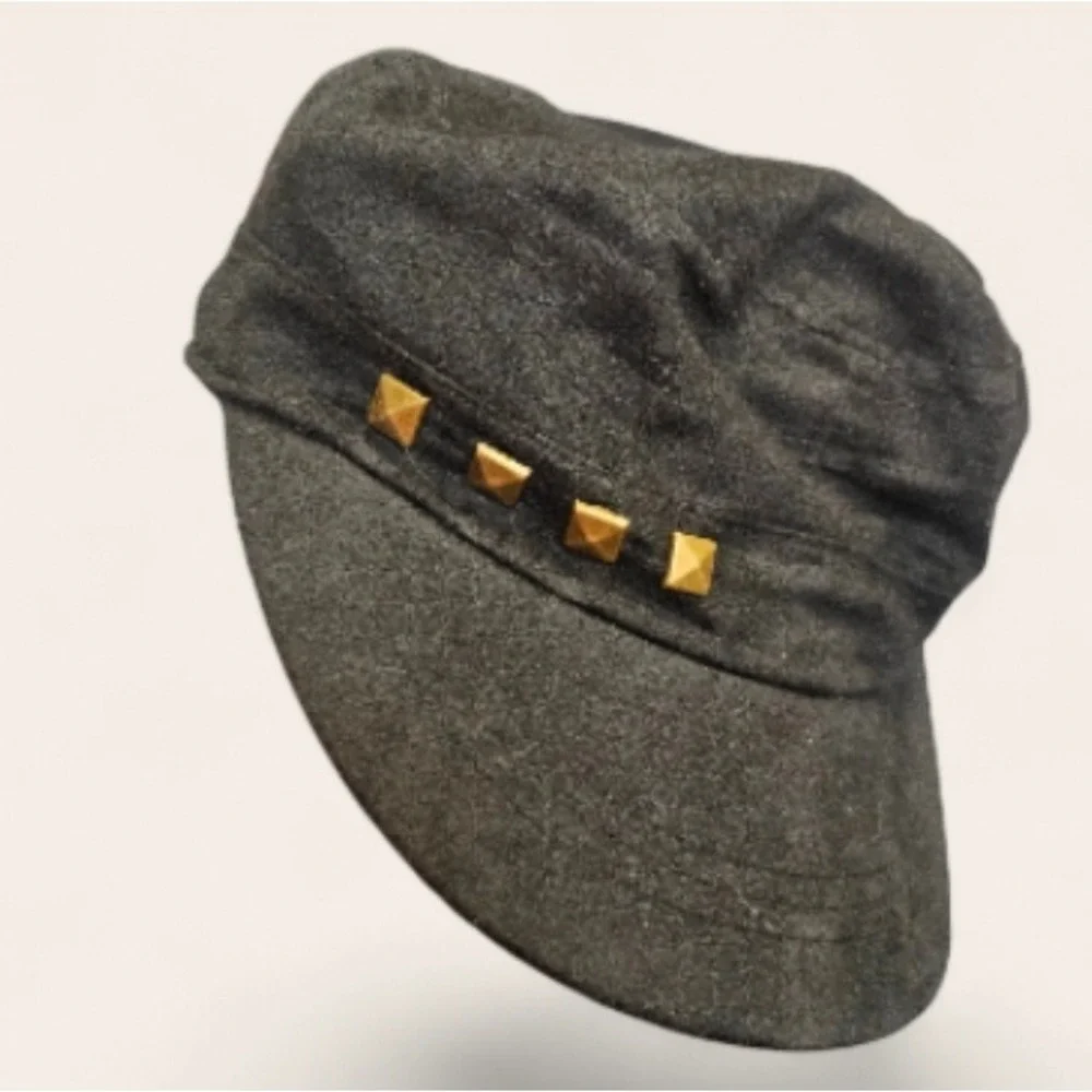 Black Skull Embroidered Cadet Cap Gold Studded Military Hat Faux Suede Gothic